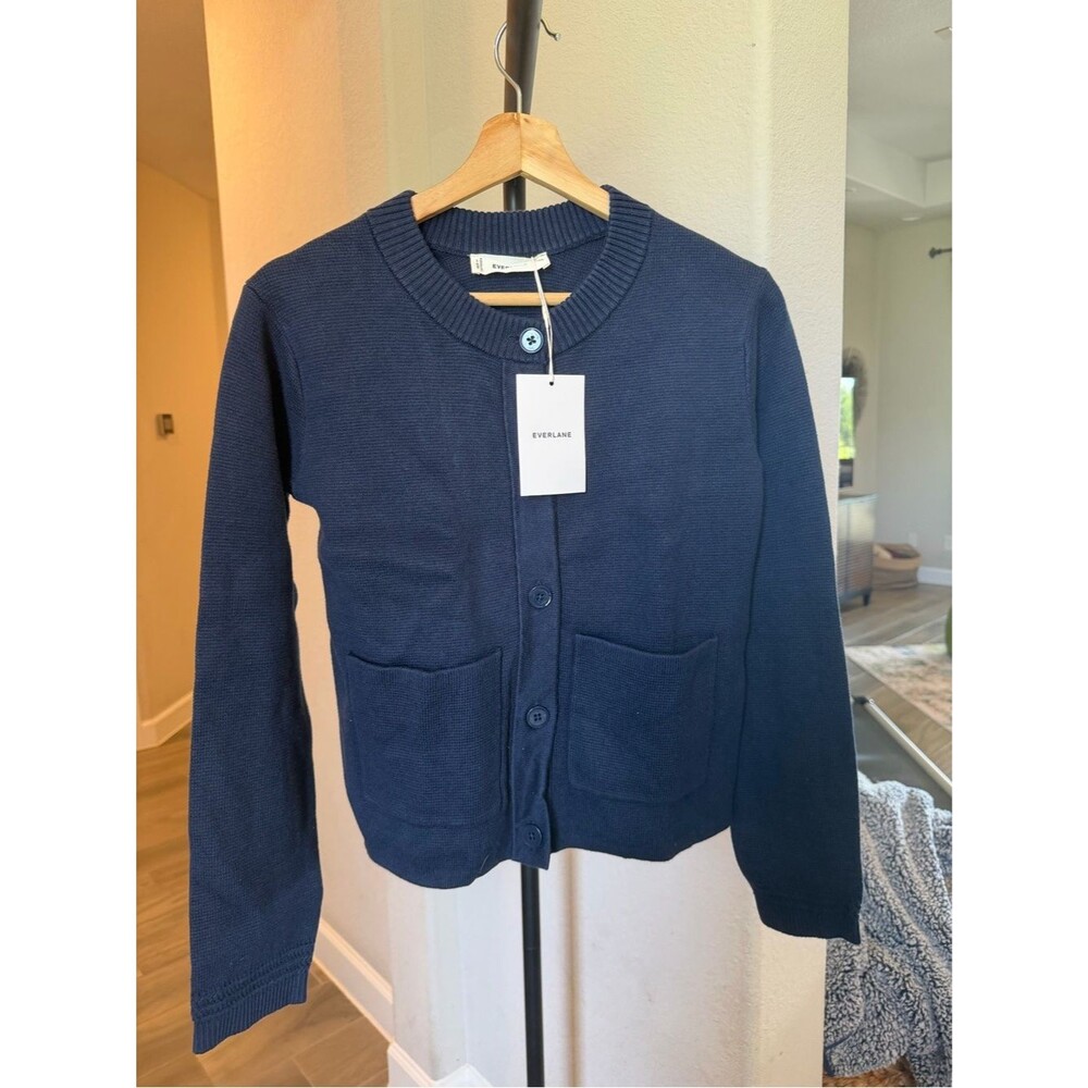 Everlane The Crew Cardigan in Everyday Cotton Dark Navy Button XXS